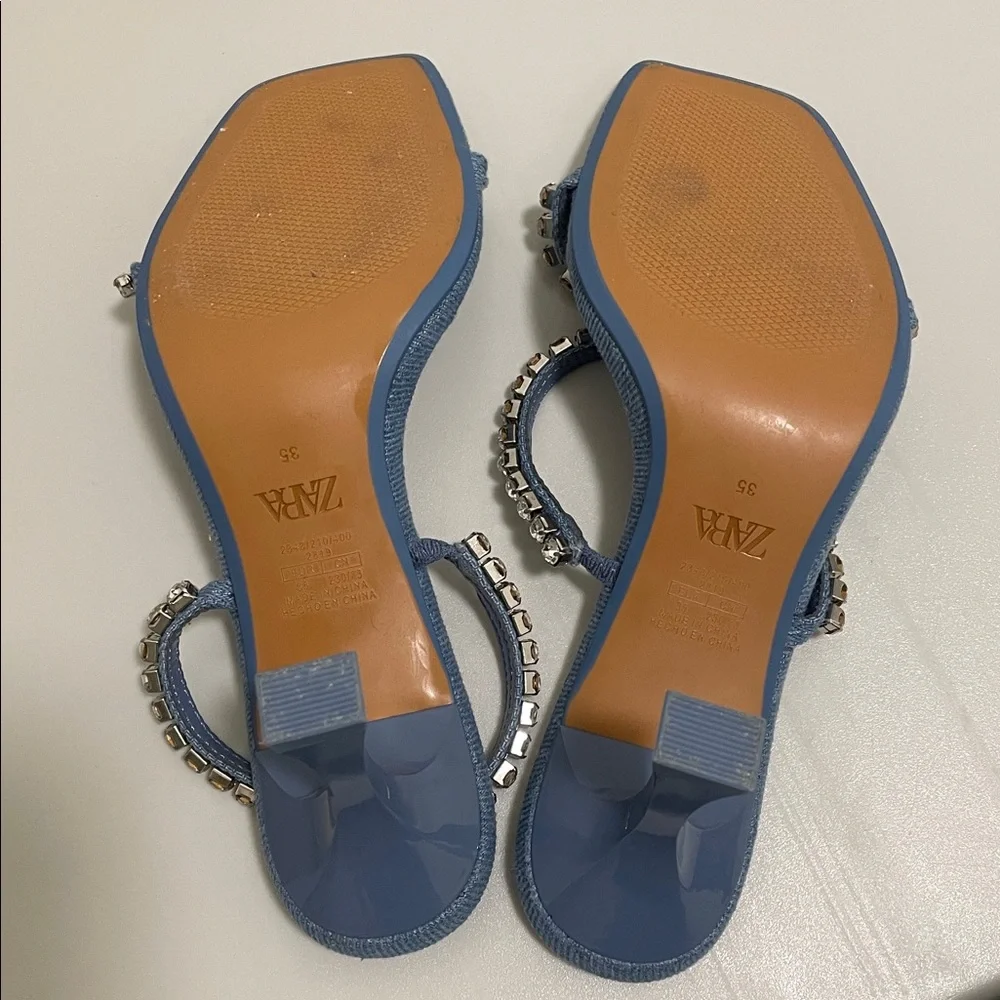 ZARA Light Blue Denim Rhinestone Heeled Sandals EU 35 - Picture 7 of 9